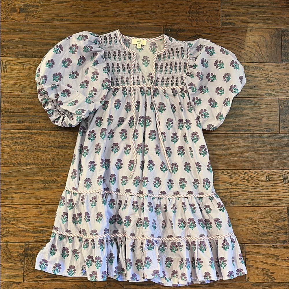 Entro Floral Puff Sleeve Dress - Purple and Green